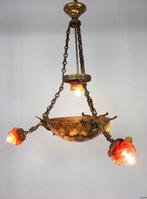 Art Deco Hanglamp in Albast met Bloemenkapjes, Ophalen, Gebruikt, Bruin, Rond