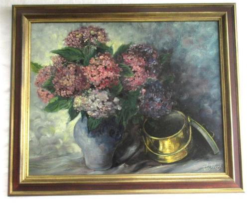 Schilderij Stilleven met hortensia's door P. van Wersch 1951, Antiek en Kunst, Kunst | Schilderijen | Klassiek, Ophalen of Verzenden