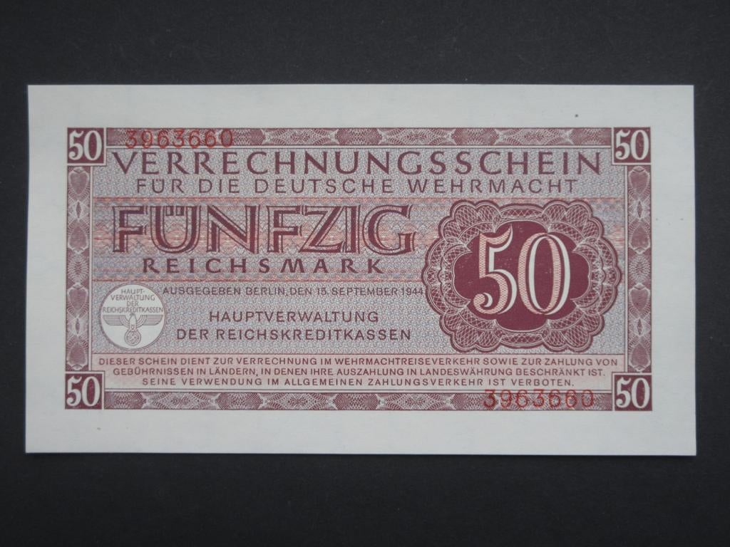 50 Reichsmark 1944 Duitsland Wehrmacht Legergeld WW2 UNC (2), Verzamelen, Militaria | Tweede Wereldoorlog, Verzenden, Landmacht
