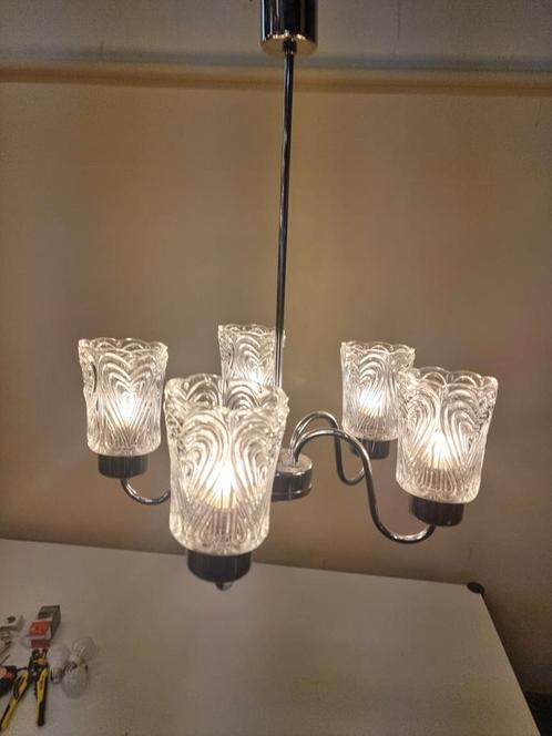 Vintage kroonluchter chroom en glas jaren 60, Huis en Inrichting, Lampen | Kroonluchters, Zo goed als nieuw, Glas, Ophalen