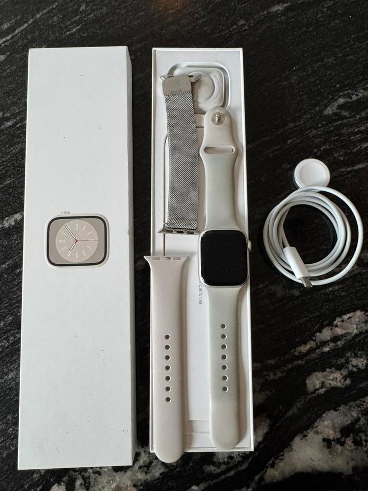 Apple Watch Series 8 41 mm, Sieraden, Tassen en Uiterlijk, Smartwatches, Gebruikt, iOS, Zilver, Afstand, Calorieverbanding, Conditie