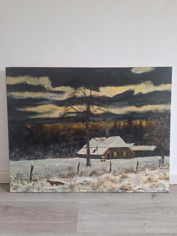 Schilderij Winterlandschap met Huis en Vos, Antiek en Kunst, Kunst | Schilderijen | Klassiek, Ophalen of Verzenden