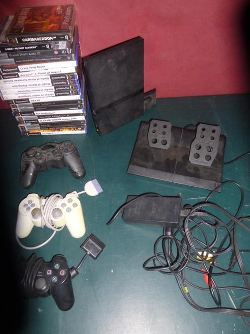 Playstation 2 console + spellen, Spelcomputers en Games, Spelcomputers | Sony PlayStation 2, Gebruikt, Zwart, Met 3 controllers of meer