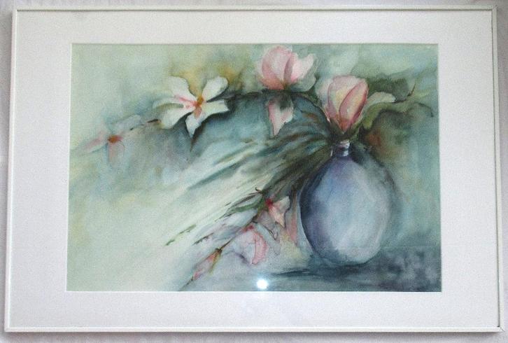 Groot schilderij aquarel met bloemen, gesigneerd, 94 x 63 cm, Antiek en Kunst, Kunst | Schilderijen | Klassiek, Ophalen