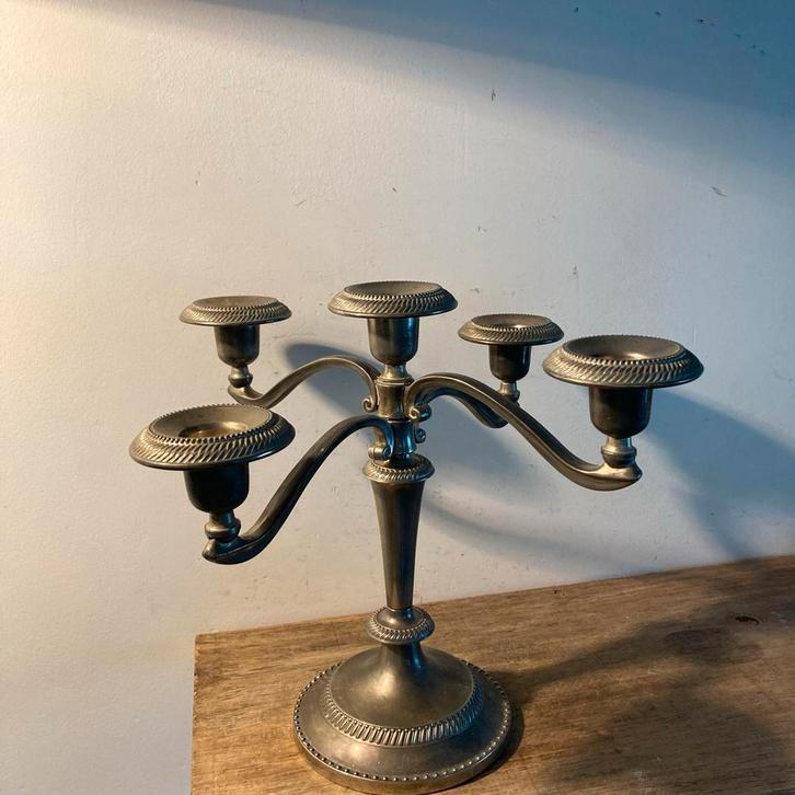 Vintage Verzilverde Kandelaar - 5 Armen, Antiek en Kunst, Curiosa en Brocante, Ophalen of Verzenden
