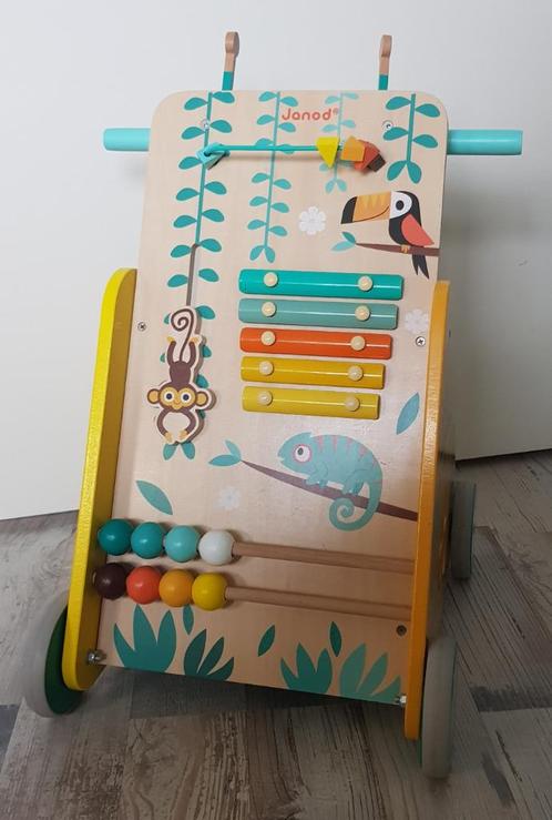 Janod houten loopwagentje Jungle, Kinderen en Baby's, Speelgoed | Houten speelgoed, Gebruikt, Duw- of Trekspeelgoed, Verzenden