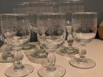Antieke gegraveerde borrel- en wijnglazen set, Ophalen of Verzenden