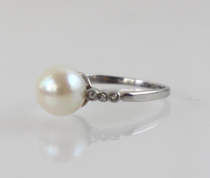 Art Deco platina ring met parel en diamantjes, Sieraden, Tassen en Uiterlijk, Antieke sieraden, Ring, Goud, Ophalen of Verzenden