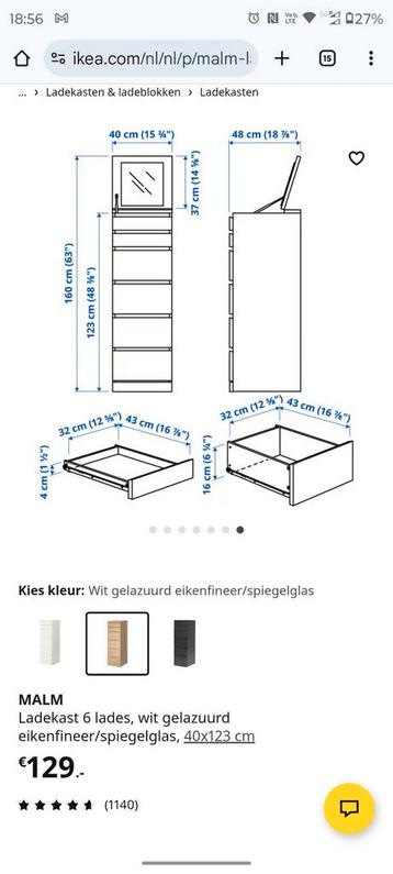 Ikea Malm Ladekast 6 Lades - Eiken Fineer Spiegel - afbeelding 4