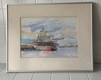 Aquarel schilderij boot schip Sir John Fisher in haven, Antiek en Kunst, Kunst | Schilderijen | Klassiek, Ophalen