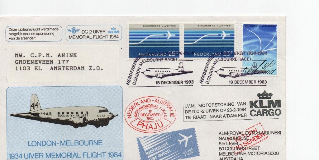 DC-2 UIVER flight LONDON-MELBOURNE  1934 - 1984, Ophalen of Verzenden, Envelop