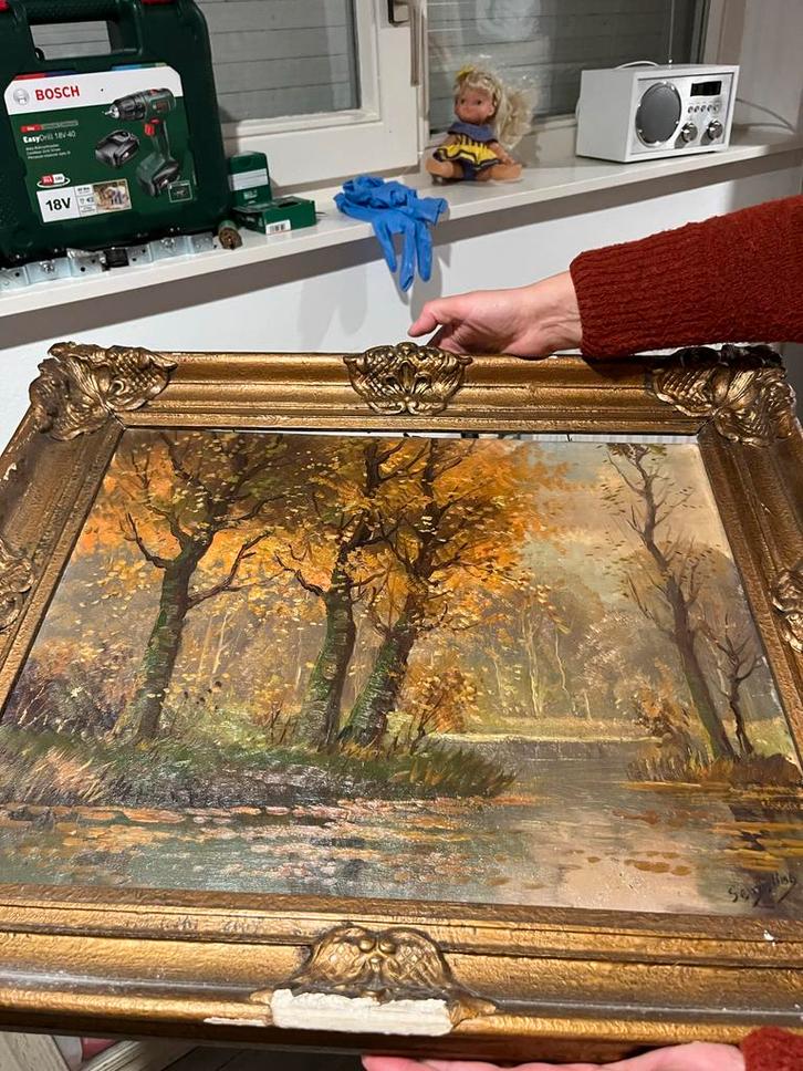 Beschadigd Schilderij - Herfstlandschap, Antiek en Kunst, Kunst | Schilderijen | Klassiek, Ophalen of Verzenden