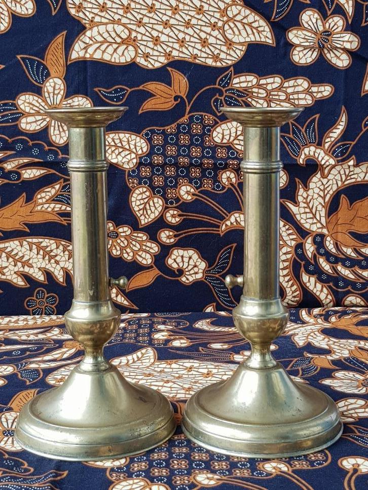 Mooi stel antieke Engelse schuifkandelaars van koper 1880., Antiek en Kunst, Antiek | Kandelaars, Koper of Brons, Ophalen of Verzenden