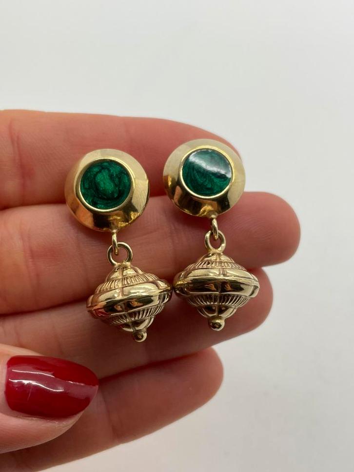 Z863 Prachtige zilveren malachiet oorbellen goudkleur, Sieraden, Tassen en Uiterlijk, Oorbellen, Hangers, Zilver, Goud, Met edelsteen