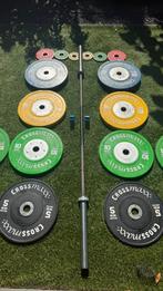 Olympic barbell inclusief bumperplates (competition) 128kg, Ophalen, Gebruikt, Benen, Halterset