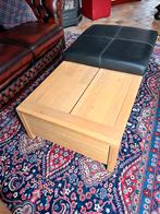 Salontafel massief eiken met lederen poef, Ophalen, 100 tot 150 cm, Eikenhout, 50 tot 100 cm