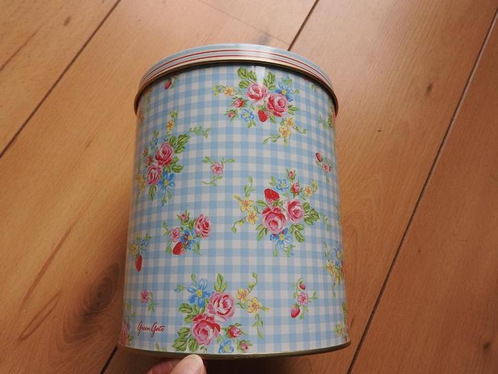 Nieuw rond bewaarblik lichtblauw/wit geruit. Sinterklaas?, Verzamelen, Blikken, Nieuw, Overige, Ophalen of Verzenden