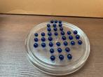 Glazen solitaire-spel met blauwe glazen knikkers, Ophalen of Verzenden