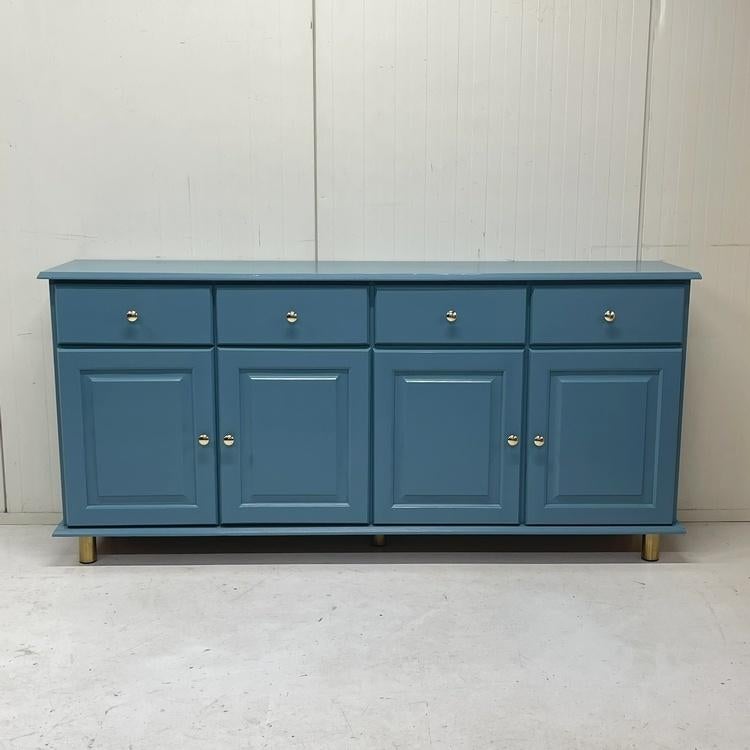 Prachtig modern restyle houten dressoir blauw & messing poot, Huis en Inrichting, Kasten | Dressoirs, Ophalen, Overige materialen