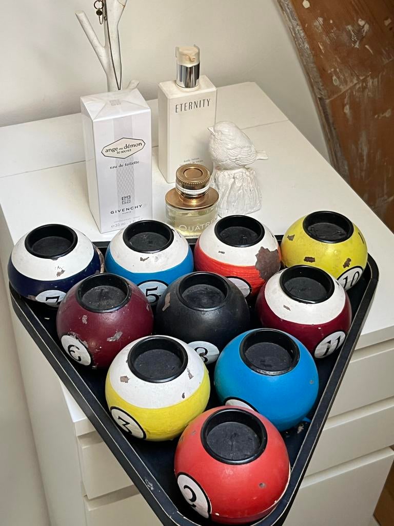 Unieke kandelaars van biljartballen, Overige materialen, Gebruikt, Wit, Ophalen of Verzenden