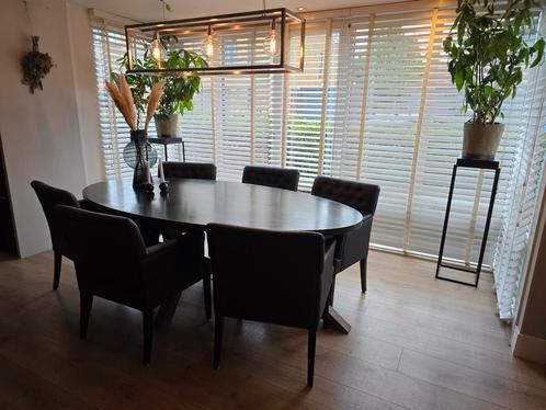 6x Eettafel Fauteuils Zwart Stof, Huis en Inrichting, Stoelen, Gebruikt, Vijf, Zes of meer stoelen, Hout, Stof, Zwart, Ophalen