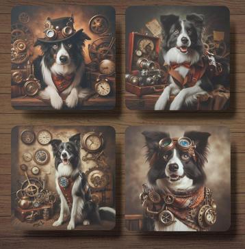 Border Collie Steampunk onderzetters met houder beschikbaar voor biedingen