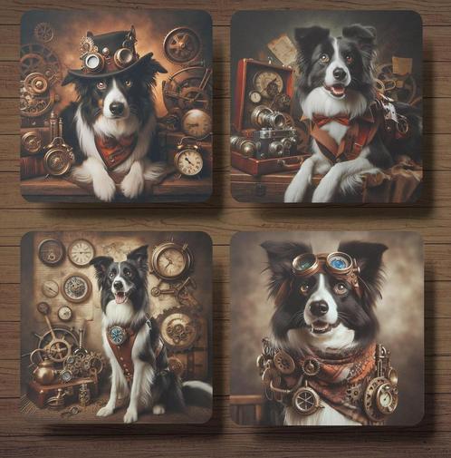 Border Collie Steampunk onderzetters met houder, Huis en Inrichting, Woonaccessoires | Onderzetters, Nieuw, Glas of Kopje, Ophalen of Verzenden