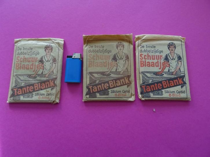3 PAKJES ANTIEKE TANTE BLANK SCHUURBLAADJES HUISHOUD RECLAME, Antiek en Kunst, Curiosa en Brocante, Ophalen of Verzenden