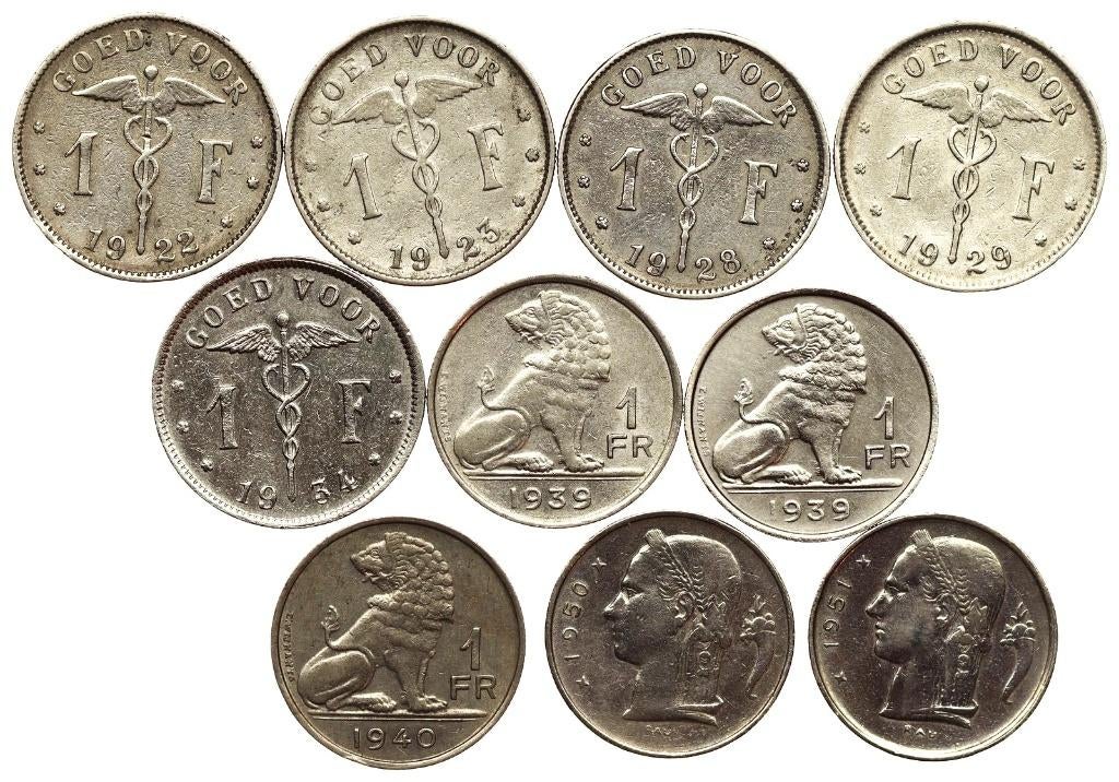 Belgie - 10x oude 1 Franc 1922, 23,28,29,34,39,40,50,51 (nl, Ophalen of Verzenden, Overig, Setje