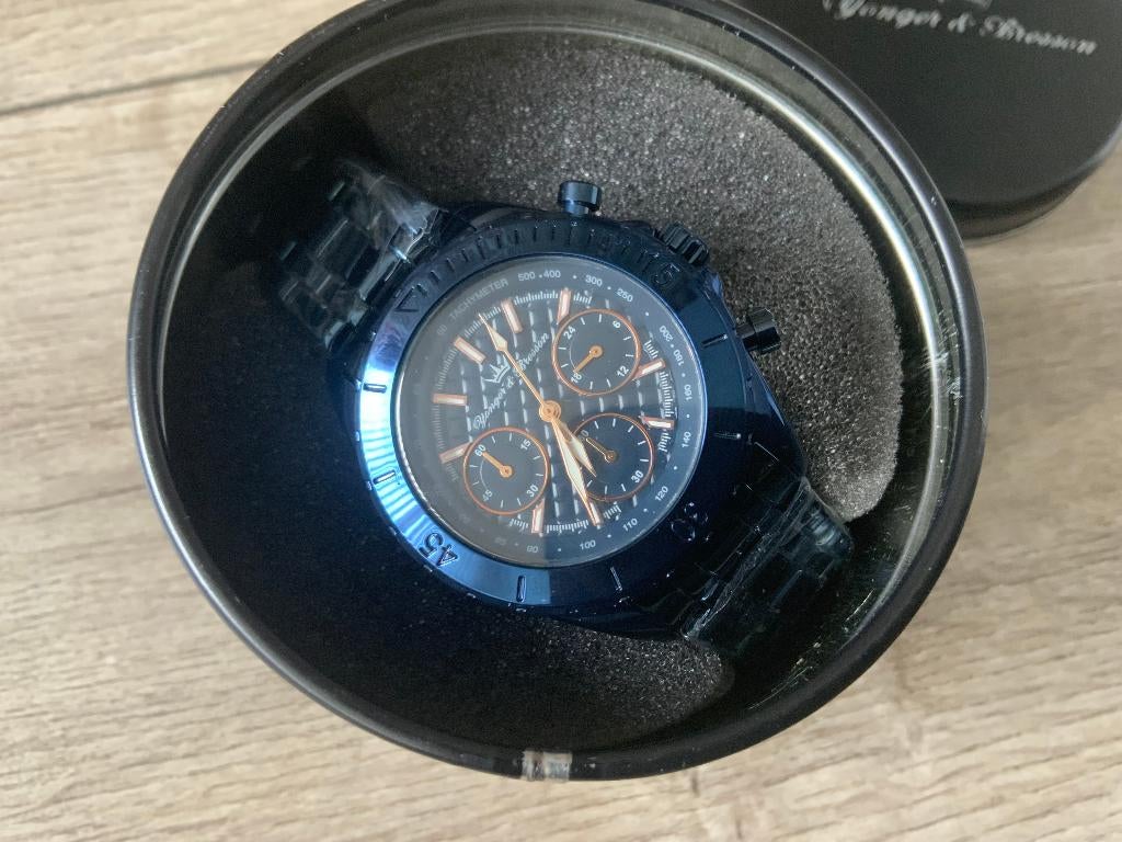 Blauw Metallic NIEUW Yonger & Bresson Heren Horloge, Ophalen of Verzenden, Nieuw, Blauw, Android