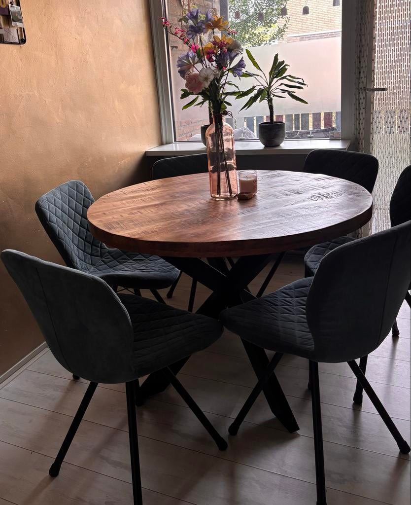 Mangohouten eettafel met 6 stoelen, Gebruikt, 100 tot 150 cm, Rond, Ophalen of Verzenden