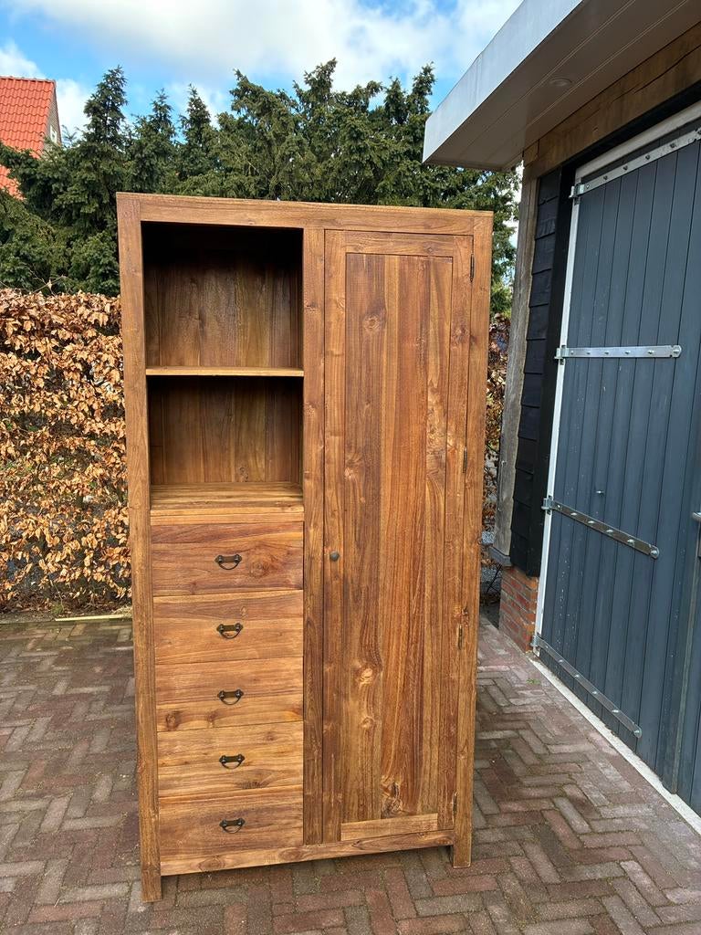 Houten kast met 1 deur en 5 lades teak, Huis en Inrichting, Kasten | Buffetkasten, Ophalen, 200 cm of meer, ., Teakhout