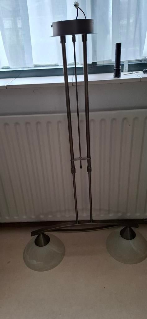 Dimbaar bronzen hanglamp met twee kappen, Ophalen, Gebruikt, Modern klassiek, Glas