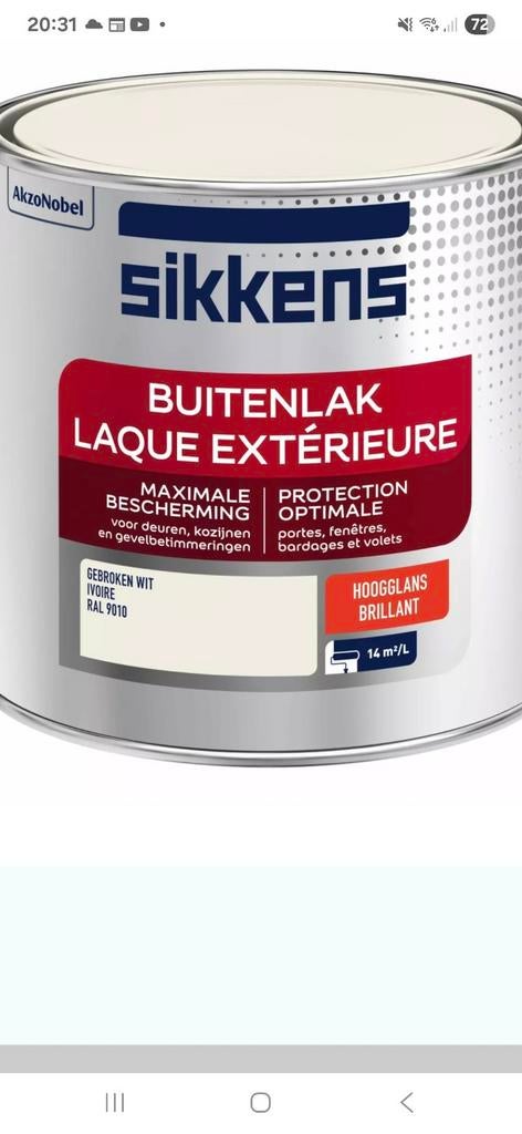 2.5 liter hoogglans buitenlak 9010, Doe-het-zelf en Verbouw, Verf, Beits en Lak, Ophalen of Verzenden, Nieuw, Wit