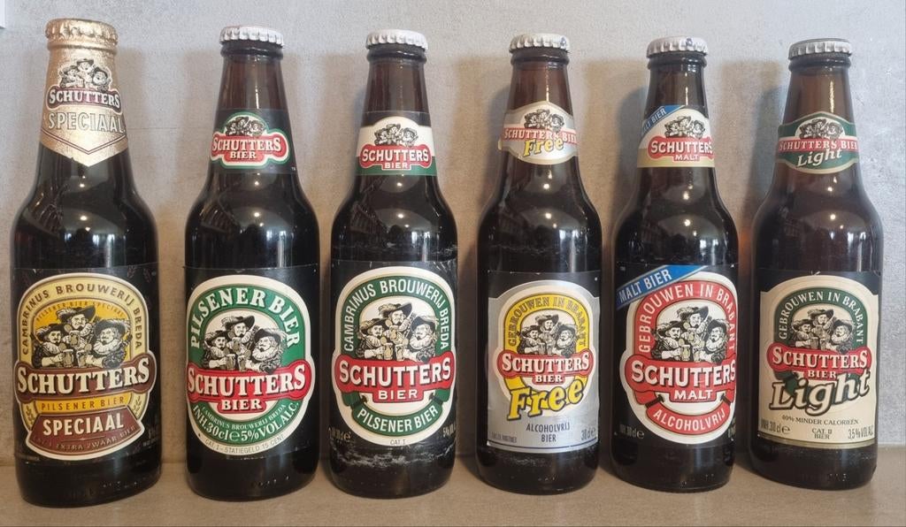 6 flessen vintage Schutters - Cambrinus, Breda - '80 & '90's, Verzamelen, Biermerken, Zo goed als nieuw, Glas of Glazen, Overige merken