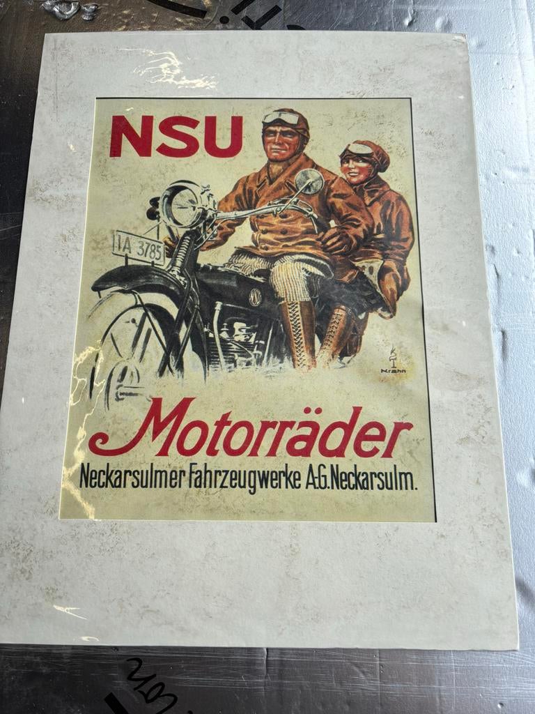 Set van 4 vintage motor- en auto posters, Gebruikt, Met lijst, Rechthoekig Liggend, Ophalen of Verzenden
