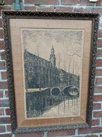 Antieke ets kerk aan gracht a/g en gesigneerd., Ophalen of Verzenden