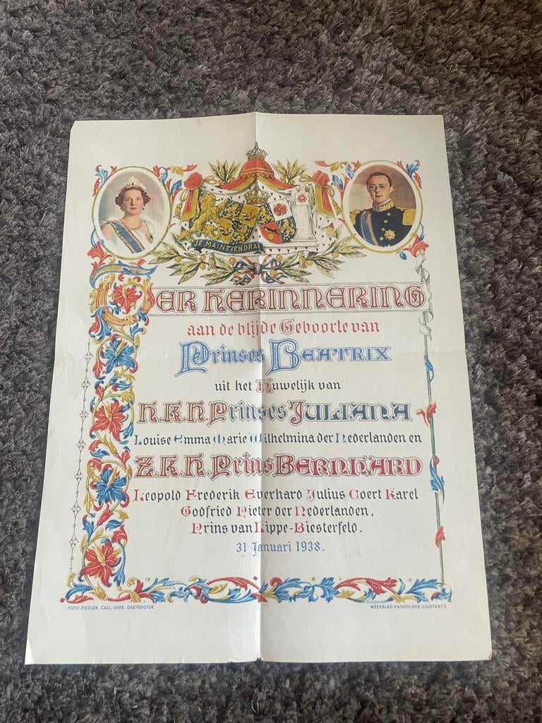 Herinnering Geboorte Prinses Beatrix 1938, Ophalen of Verzenden, Gebruikt, Nederland, Kaart, Foto of Prent