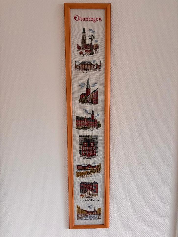 Vintage borduurwerk Groningen / Martinitoren ingelijst., Antiek en Kunst, Curiosa en Brocante, Ophalen of Verzenden