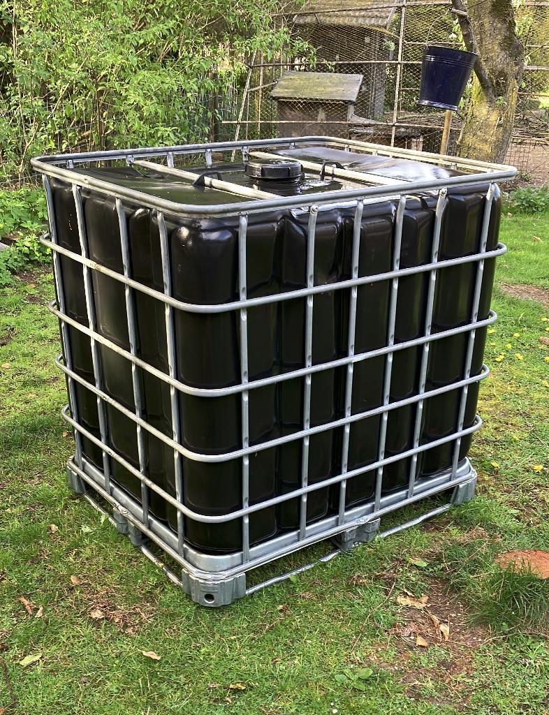 IBC 1000L zwart UV-bestendig voor voedsel op ALU pallet, Tuin en Terras, Regentonnen, Ophalen, Kunststof, Met kraantje, 150 liter of meer