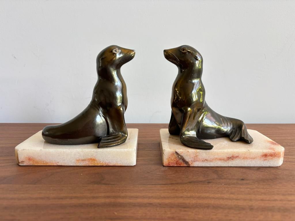 Antieke Art Deco boekensteunen met zeehonden, Antiek en Kunst, Ophalen of Verzenden