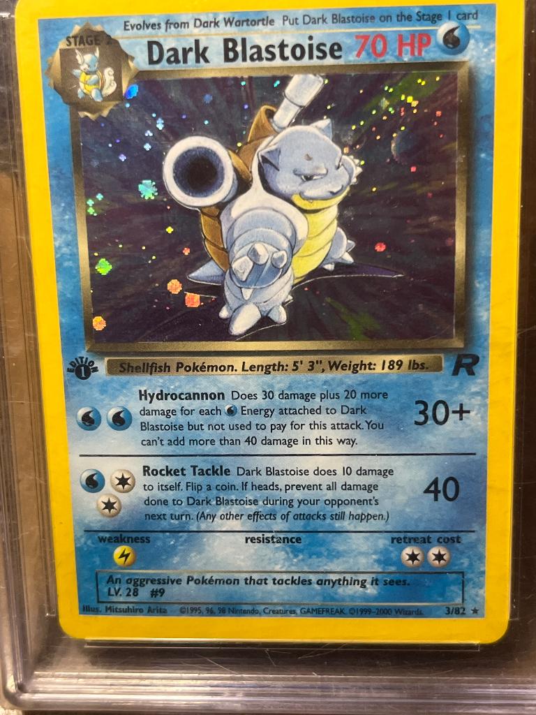Pokémon kaart Blastoise 3/82 holo first edition team r wotc, Ophalen of Verzenden, Zo goed als nieuw, Losse kaart, Foil