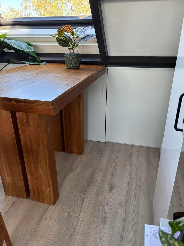 Teak Houten bartafel met bijpassende barkrukken, Ophalen, Zo goed als nieuw