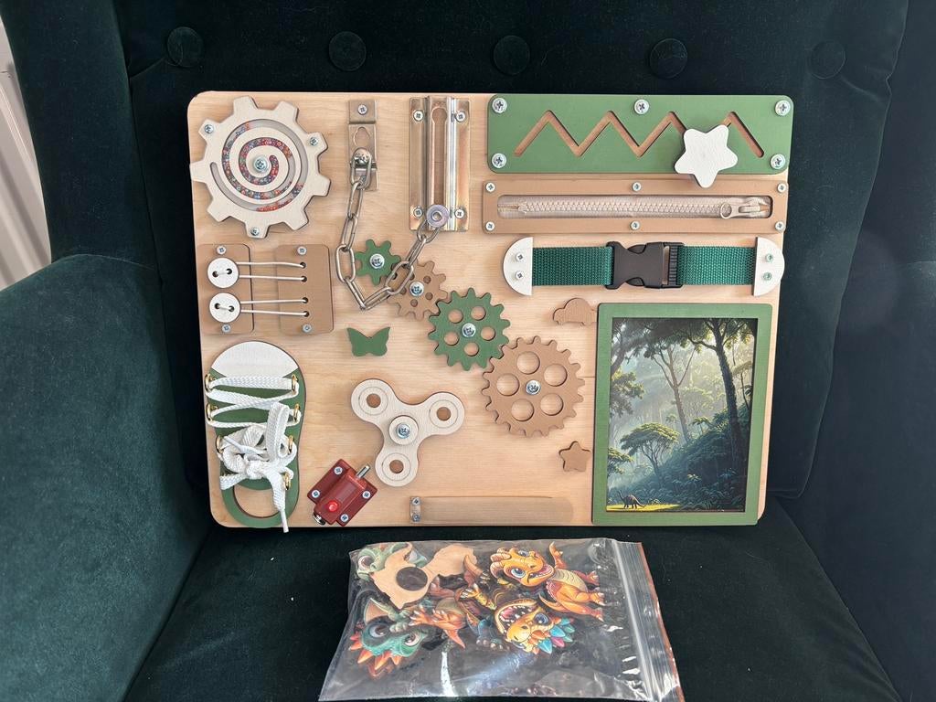 Busy board “Dinosaurussen”. Montessori. Puzzels. Nieuw., Ophalen of Verzenden, 10 tot 50 stukjes, Nieuw, Van hout