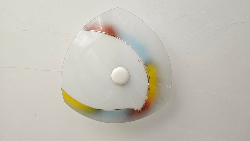 Retro Plafonnière Melkglas - Rood, Geel, Blauw & Goud, Ophalen, Gebruikt, Glas, Retro, Vintage