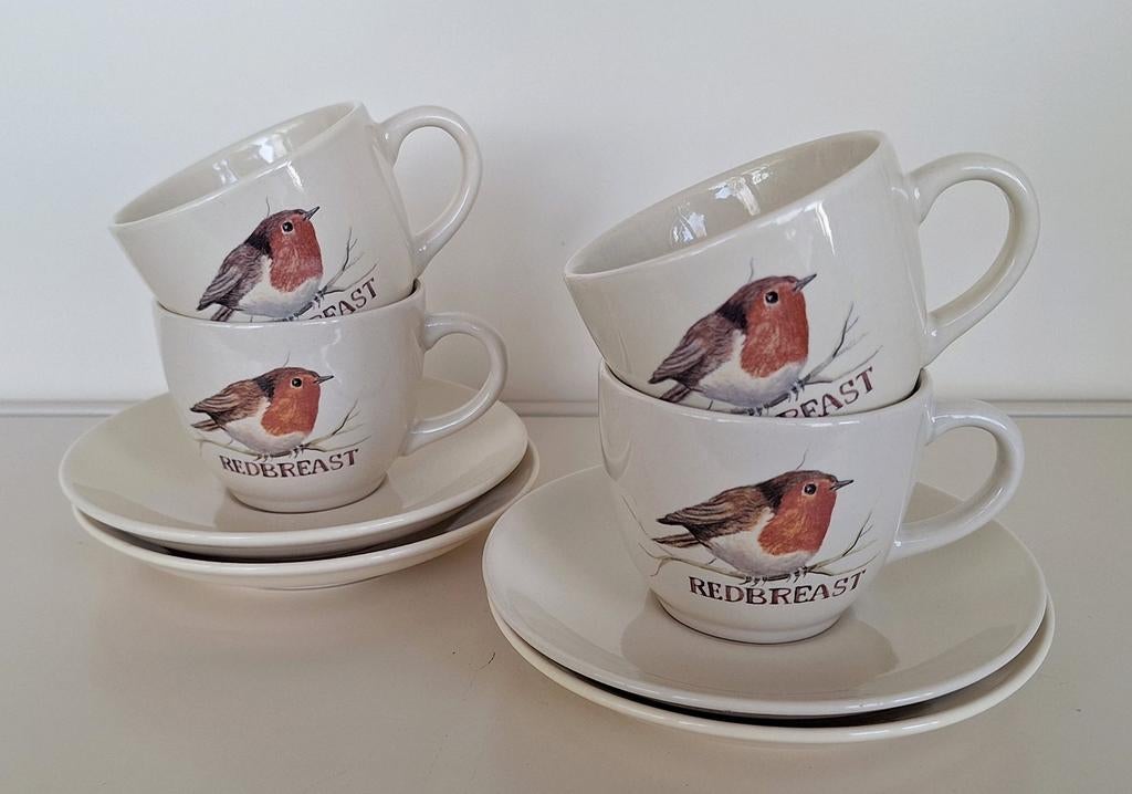 4x kop en schotel roodborst van Jet ter Steege, Ophalen of Verzenden, Zo goed als nieuw, Overige stijlen, Kop(pen) en/of Schotel(s)