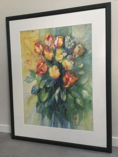 Kleurrijk schilderij tulpen aquarel voorjaar, Ophalen of Verzenden, Zo goed als nieuw, Schilderij, 75 cm of meer