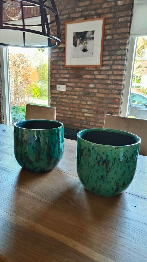 Twee nieuwe groen/blauw/ turquoise Mica potten, Ophalen of Verzenden, Nieuw, Rond