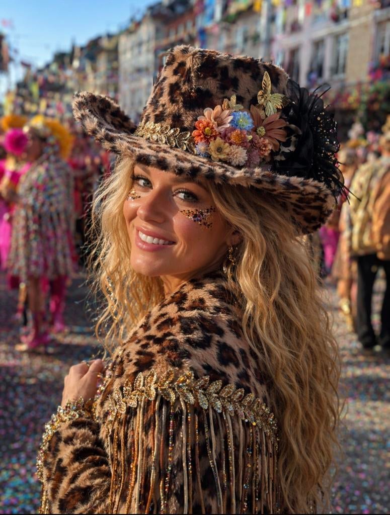 Fauxfur leopard hoed met bloemen en vlinders, Ophalen of Verzenden, Nieuw, Carnaval