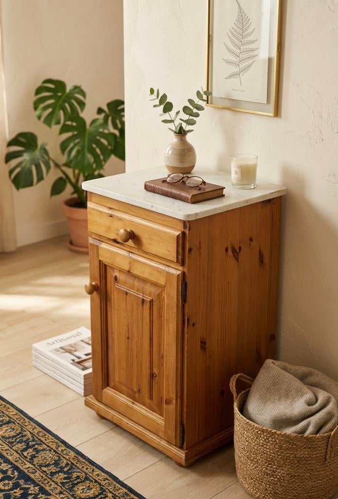 Houten nachtkastje marmer, Huis en Inrichting, Slaapkamer | Nachtkastjes, Ophalen, Zo goed als nieuw, Minder dan 45 cm, 70 cm of meer